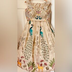Elegant Cream Shimmery Dress with Peacock Embroidery